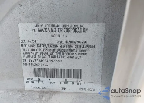 2004 Mazda Mazda6 I z USA, uszkodzony, nr VIN 1YVFP84C845N77984